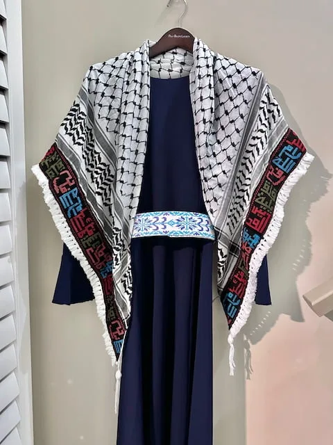 Palestinian city names embroidered tatreez keffiyeh and embroidered blue belt