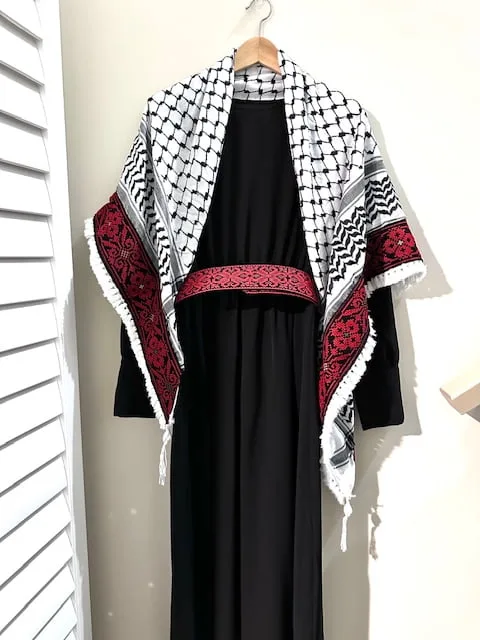 Palestinian red embroidered tatreez keffiyeh and belt